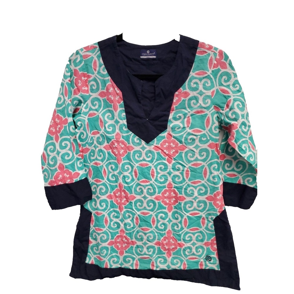 Simply Southern Shirt Cotton Small Blue Pink Paisley Cover Up Tunic Shirt